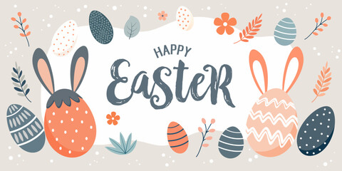 easter card with eggs and rabbit, banner in pastel colors. modern minimal style. poster and greeting card.	