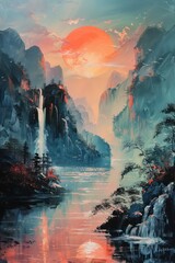 A stunning painting of mountains and rivers a forest, perfect for wall art and wallpaper