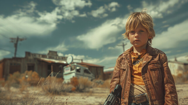 a 8 year old boy standing all by himself holding guns in a post apocalyptic landscape. he looks so little,generative ai