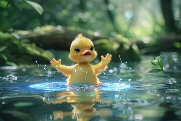 A yellow duckling wearing a yellow hat with wings sits in a forest puddle, its reflection showing holographic patterns. Lush green trees surround it, creating a dreamy atmosphere.