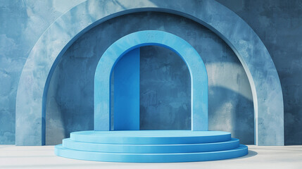 Blue color awards podium in harmony with concrete wall.