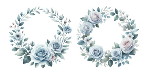 Fototapeta na wymiar Blue rose wreath watercolor illustration material set