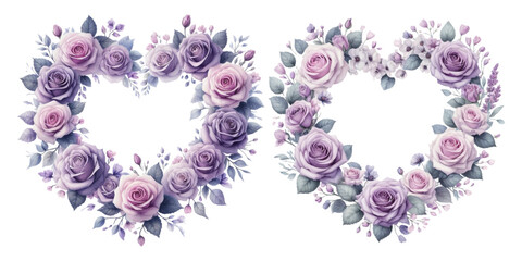 Purple rose heart-shaped wreath watercolor illustration material set