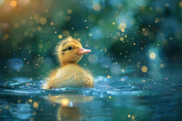 Foto op Canvas A yellow duckling wearing a white star-adorned hat swims merrily in a rippling puddle, surrounded by lush green foliage under a vibrant blue sky. © DG