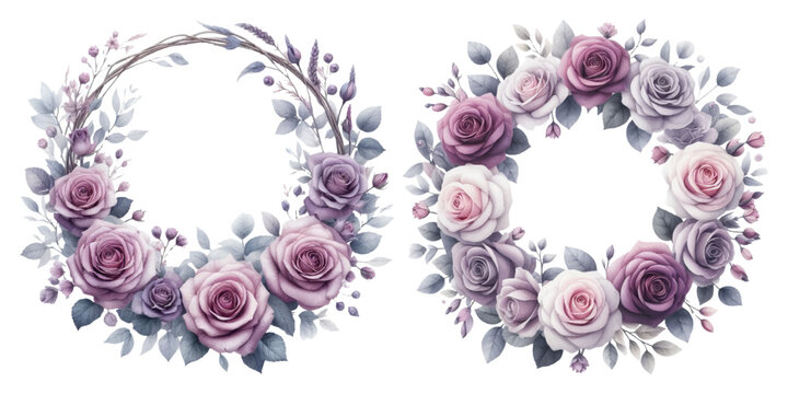 Purple rose wreath watercolor illustration material set