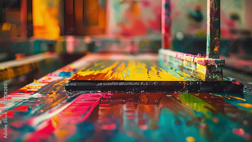 Poster a detailed shot of a printing press in action with layers of different color inks coming together to