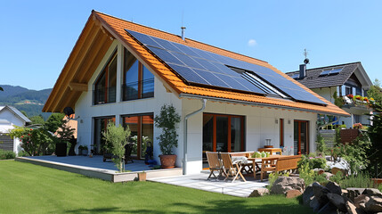 Title: Solardach auf einem Einfamilienhaus reflektiert die Sonne, moderne Energiequelle für umweltbewusstes Wohnen und Generative AI

 - obrazy, fototapety, plakaty