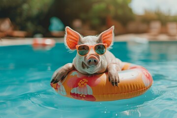 Pig in a quirky summer outfit enjoying a peaceful float in a serene pool