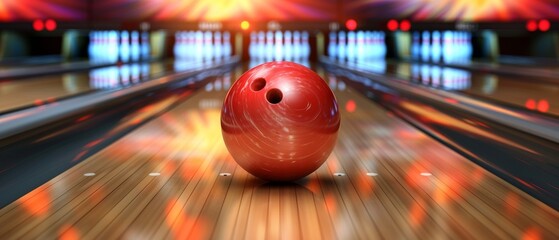 A bowling ball striking all pins for a strike, dynamic motion blur, neon-lit alley, excitement and entertainment, perfect aim