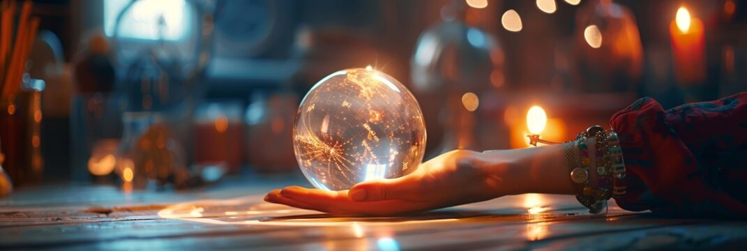 Hand of a fortune teller above a glowing mystical globe focusing on forecasting and divination in an enchanted room