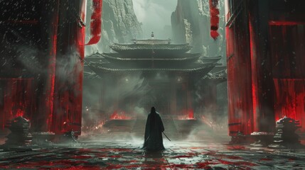 Lone Figure Approaching an Ancient Temple in a Mystical Red Atmosphere
