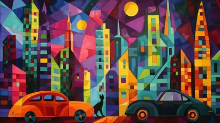 Abstract Urban Cityscape with Colorful Geometric Buildings and Dynamic Shapes
