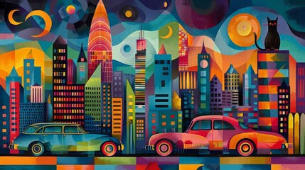 Colorful Abstract Cityscape with Geometric Shapes and Vintage Car at Forefront