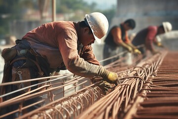 construction workers tying rebar. Using the correct tying technique (Refers to expertise)