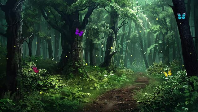 forest magical fantasy background concept. deep woods fantasy background. seamless looping overlay 4k virtual video animation background