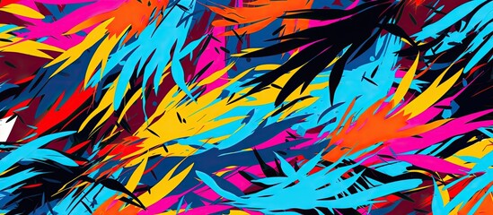 Vibrant colors like magenta, electric blue, and purple pop in a closeup of a colorful painting on the wall. The intricate patterns and bold font add to the artworks allure