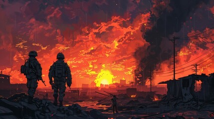 Two Soldiers Standing Firm Amidst the Fiery Glow of Destruction and Warfare
