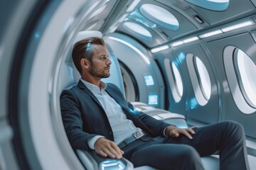 A futuristic businessman traveling on a high speed hyperloop