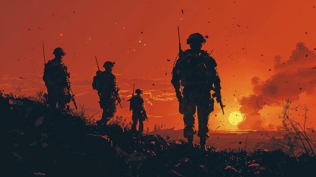 A group of soldiers standing resolute amidst the fiery glow of destruction and warfare. © Sippung