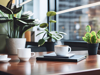 Hot coffee on a work table in a glass office with potted plants to decorate the environment.