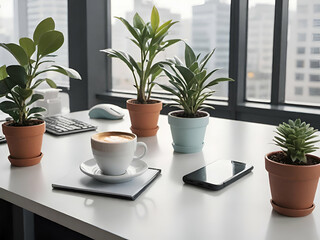 Hot coffee on a work table in a glass office with potted plants to decorate the environment.