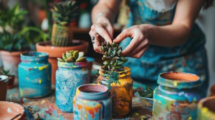 Female hands planting succulents in painted and decorated old jars. Hobby, home gardening,  - obrazy, fototapety, plakaty
