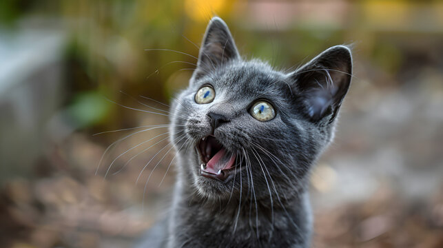 The Gray Cat Looks Up - Cute Domestic Feline with Widely Opened Eyes and Mewing, Curious Pet Portrait Photography, Adorable Kitten Posing, High Resolution Animal Illustration, Generative AI

