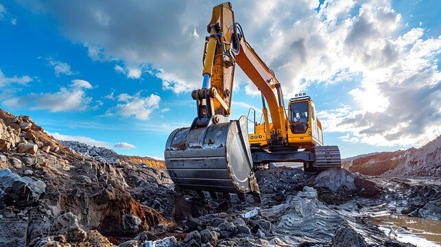 Group of Excavators Working on a Construction Site - Heavy Machinery in Action, Industrial Equipment Digging and Moving Earth, Construction Workers Operating Excavator Trucks, Generative AI

