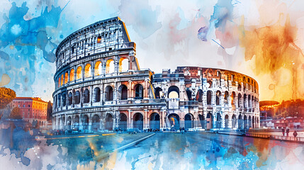 Watercolor Painting of the Colosseum in Rome - Artistic Hand-Painted Illustration of Iconic Landmark with Vibrant Colors and Detailed Architecture, Historical Monument in Italy, Generative AI

 - obrazy, fototapety, plakaty