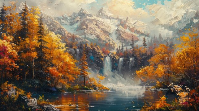 Oil painting of beautiful  mountain landscape