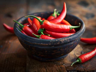Tuinposter red hot chili peppers bowl on wooden background © Anuson