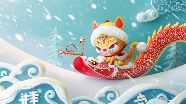 auspicious Chinese dragon flying, below the dragon is munchkin kitten in ski gear that is yellow 