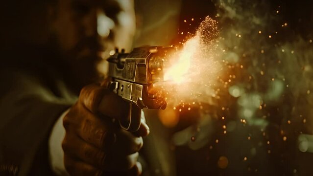 Close up macro slow motion of the muzzle flash on a pistol as a it is fired with the trigger man out of focus in the background