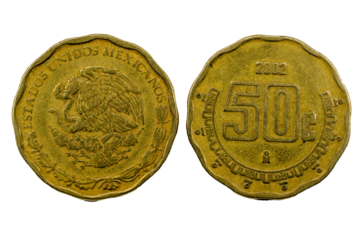 Anverso y reverso de la Moneda mexicana de 50 centavos de 2002. Fueron acuñadas desde 1992 - 2009.