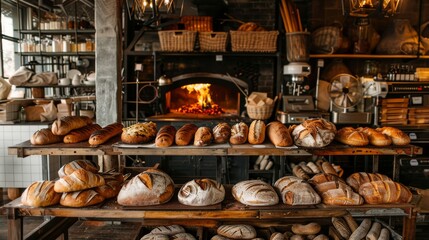 A rich variety of artisan breads proudly displayed on wooden tables, with the inviting warmth of a wood-fired oven glowing in the background.