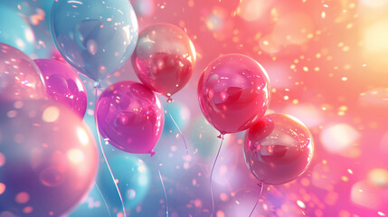 Vibrant collection of lifelike matte helium balloons, each exuding its own vibrant hue, gracefully floating against a softly blurred background filled with a kaleidoscope of colors