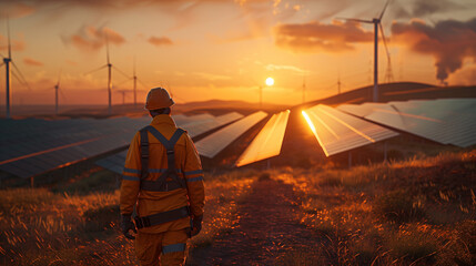 Construction worker strides through a sprawling solar field, where the solar panels lie idle - obrazy, fototapety, plakaty