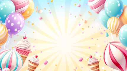 wide frame carnival background for preschoolers in pastel colors, balloons, ice cream - obrazy, fototapety, plakaty