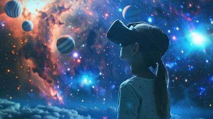 Child girl wearing virtual reality headset and looking at digital space system with planets or Universes. Space exploration with augmented reality  - obrazy, fototapety, plakaty