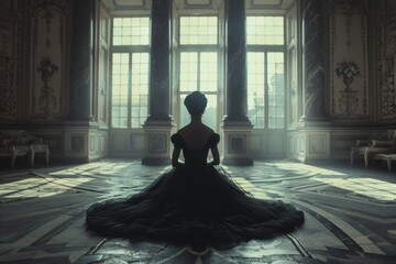 Woman of distinction in period Napoleonic gown, Black tone set ,seated centrally in an expansive room, illuminated by natural daylight, wide frame, cultural richness, period elegance, architectural 