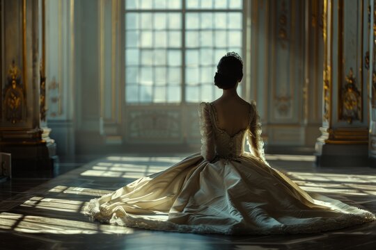 Woman of distinction in period Napoleonic gown, pink tone set ,seated centrally in an expansive room, illuminated by natural daylight, wide frame, cultural richness, period elegance, architectural 