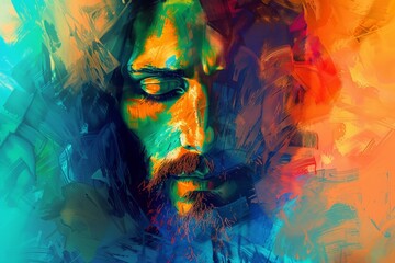 A painting of a man with a beard and glasses set against an abstract colorful background in a digital art style