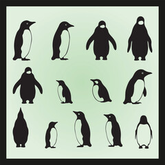 Penguin silhouette set Clipart on a hex color background