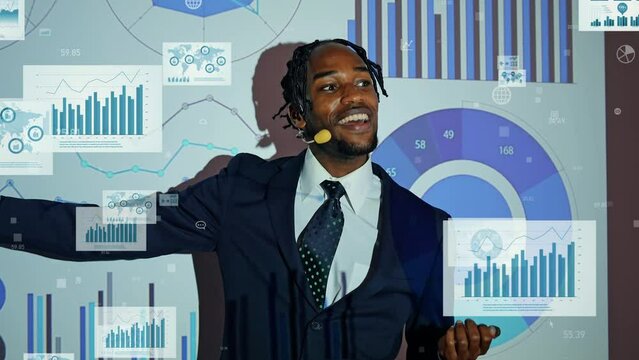 African businessman giving a presentation using a projector and digital documents concept.
