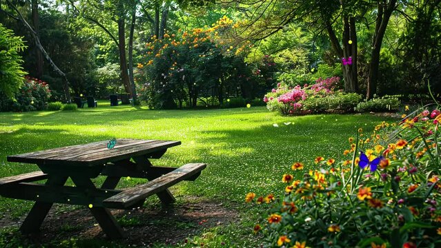 a beautiful picnic spot in a garden. seamless looping overlay 4k virtual video animation background