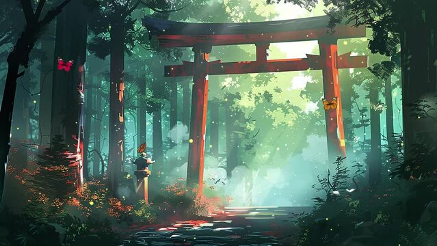 magical fantasy background in a forest. forest afternoon anime background illustration. seamless looping overlay 4k virtual video animation background