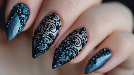 Develop a fusion Mehndi pattern merging Arabic calligraphy with subtle blue nail accents.