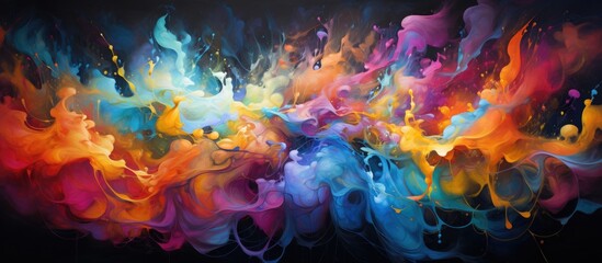 A mesmerizing art display of magenta and electric blue smoke cloud on a black canvas. This striking landscape is perfect for an entertainment event