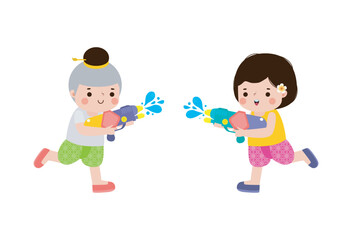 Songkran festival kids thai Traditional enjoy splashing water Thailand New Year Day Vector Illustration template Thailand concept on white background
