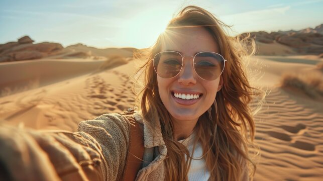 a beautiful young woman who is taking a selfie in the desert, in the style of romantic: 